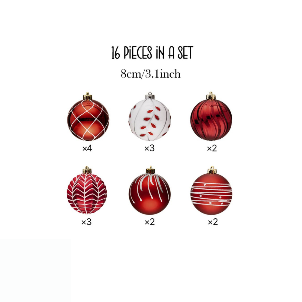 Festive Red and White Colors 16 Piece Christmas Ornaments Set