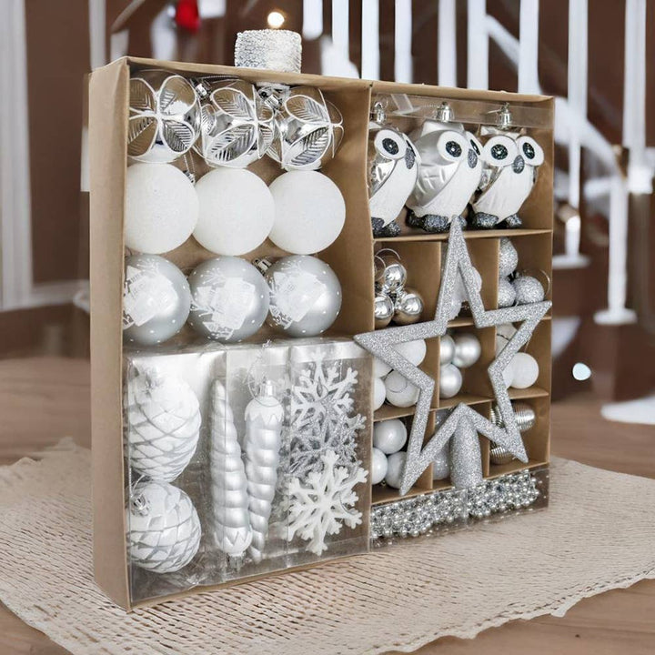 Winter Woodlands Large White and Silver  90 Pieces Christmas Ornament Set