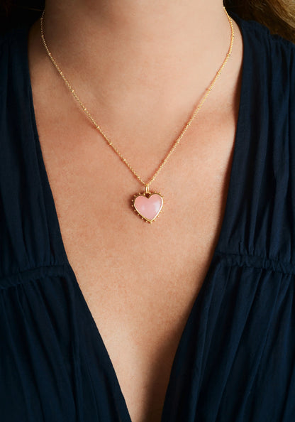Heart With Stone Pendant Necklace - Rose Quartz