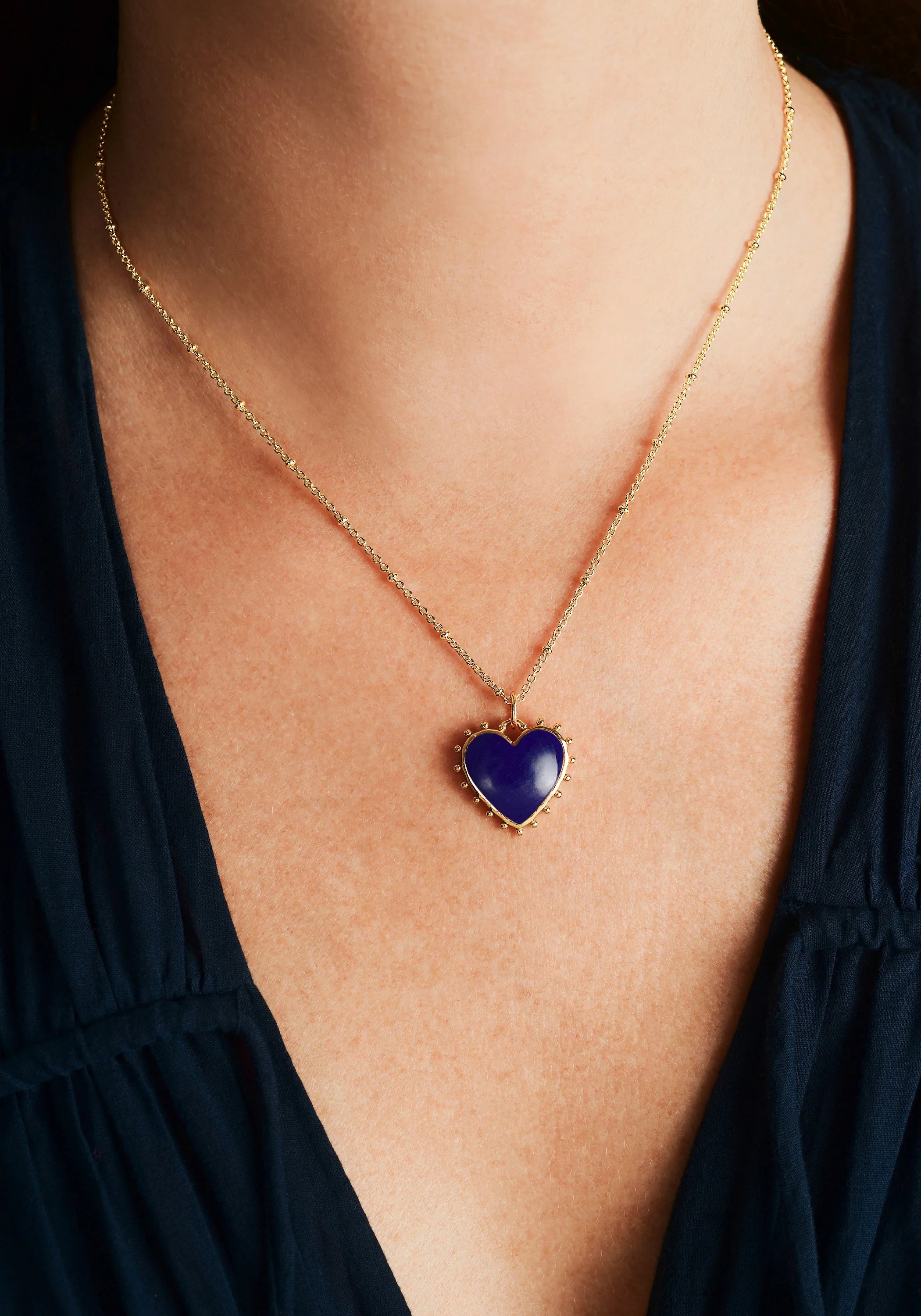 Heart With Stone Pendant Necklace - Lapis