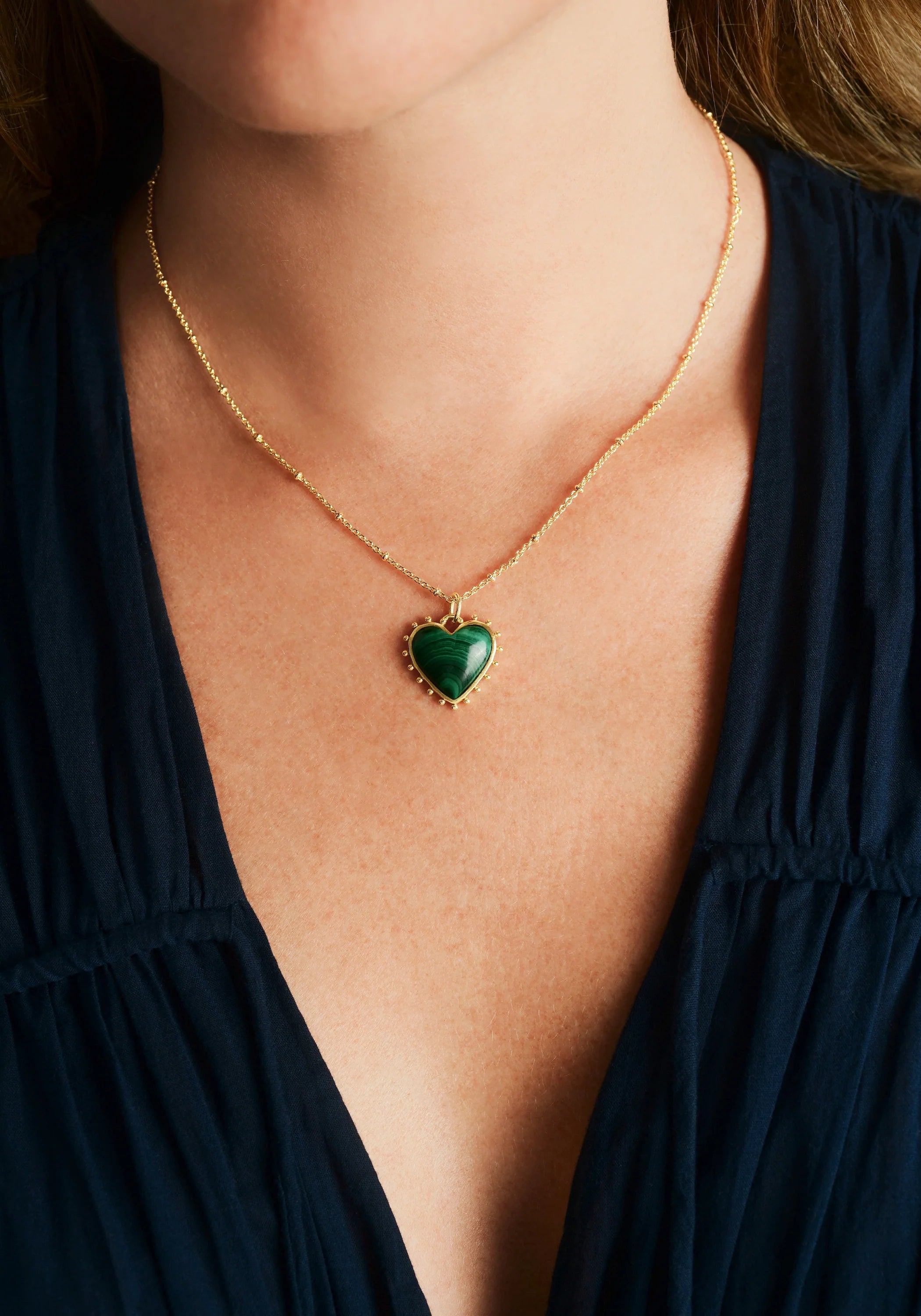 Heart With Stone Pendant Necklace - Malachite