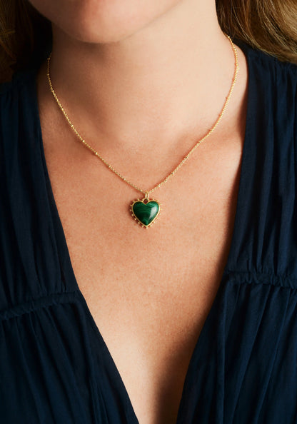 Heart With Stone Pendant Necklace - Malachite