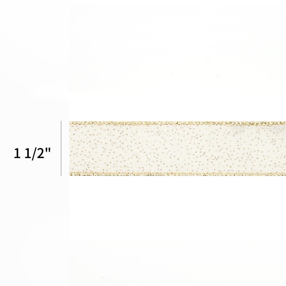 1 1/2&quot; Wired Ribbon | &quot;Glitter Linen&quot; White/Gold | 10 Yard Roll