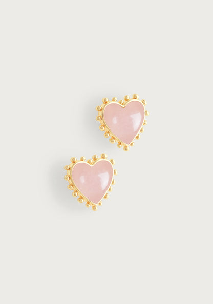 Heart With Stone Stud Earrings - Rose Quartz