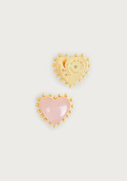 Heart With Stone Stud Earrings - Rose Quartz