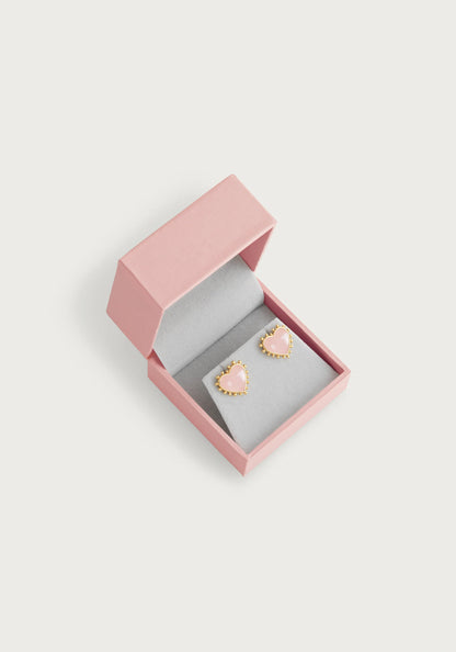 Heart With Stone Stud Earrings - Rose Quartz