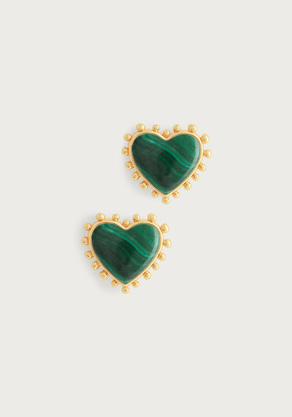 Heart With Stone Stud Earrings - Malachite