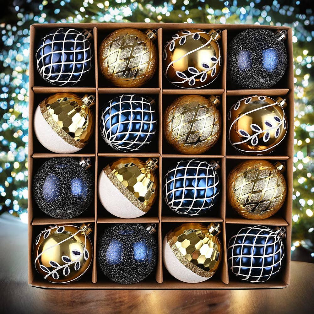 Festive Gold and Frosted Blue Assorted 16 Piece Christmas Ornament Set