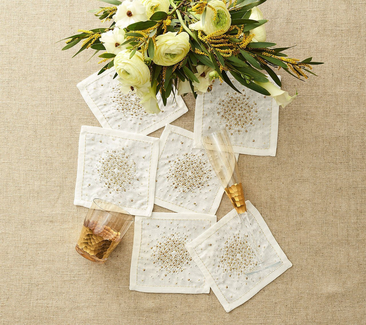 Starburst Cocktail Napkins in White, Gold &amp; Silver, Set of 6 in a Gift Box