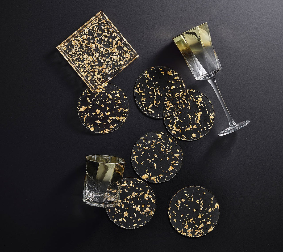 Stardust Drink Coasters in Clear &amp; Gold, Set of 6 in a Caddy