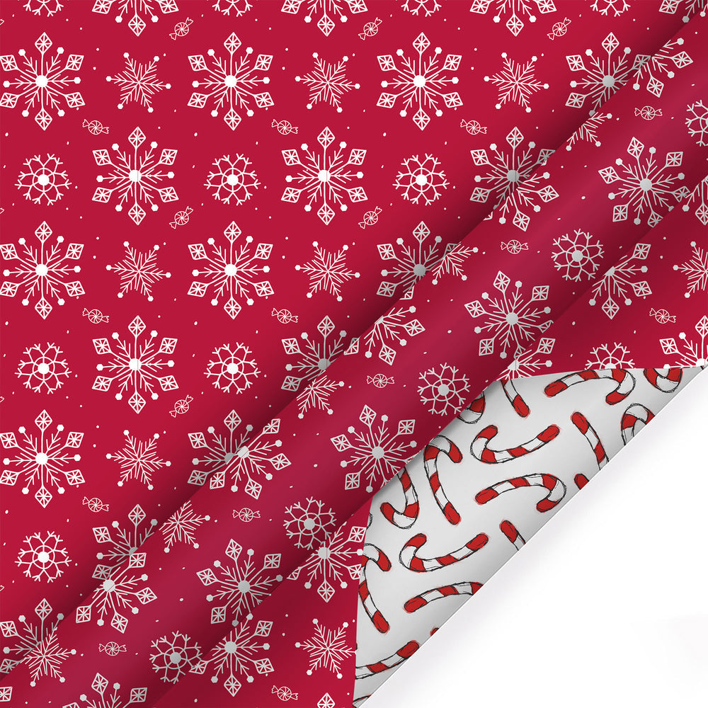 30&quot; x 10’ Holiday Reversible Wrapping Paper | Assorted Snowflake on Red/Multi Candy Cane