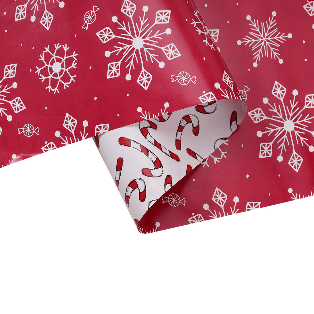 30&quot; x 10’ Holiday Reversible Wrapping Paper | Assorted Snowflake on Red/Multi Candy Cane