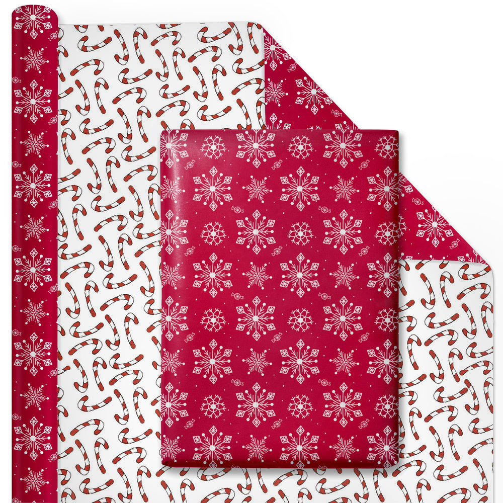 30&quot; x 10’ Holiday Reversible Wrapping Paper | Assorted Snowflake on Red/Multi Candy Cane