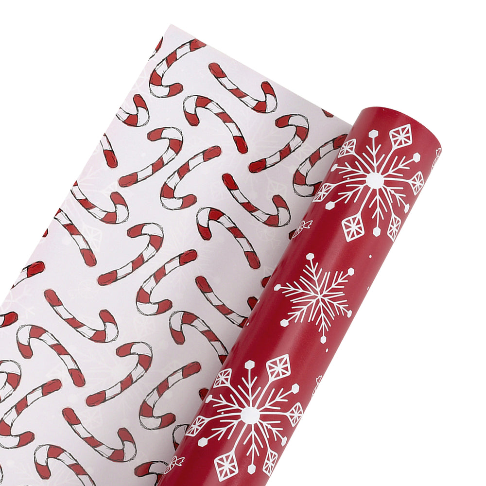 30&quot; x 10’ Holiday Reversible Wrapping Paper | Assorted Snowflake on Red/Multi Candy Cane