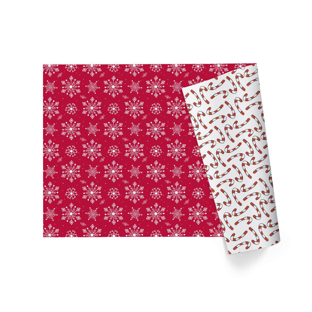 30&quot; x 10’ Holiday Reversible Wrapping Paper | Assorted Snowflake on Red/Multi Candy Cane