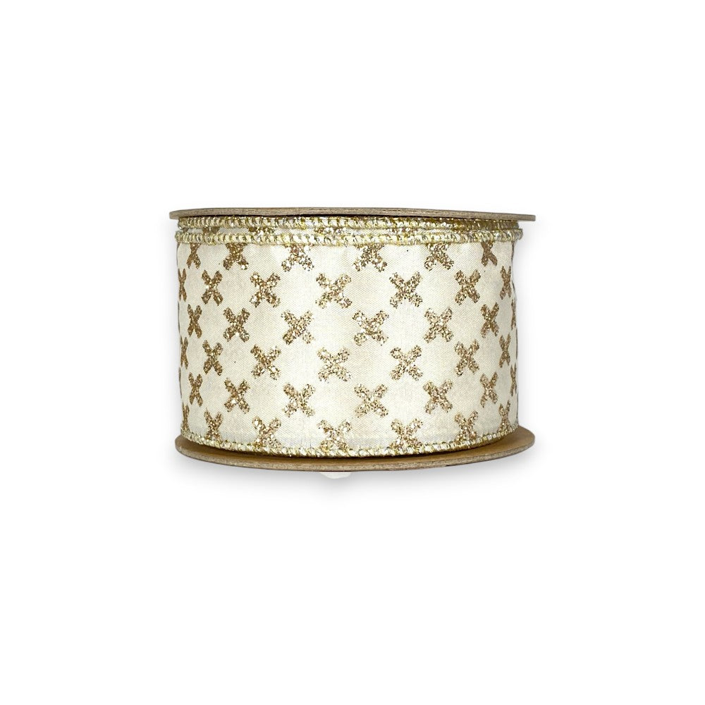 2 1/2&quot; Wired Ribbon | Gold Cross on White | 10 Yard Roll