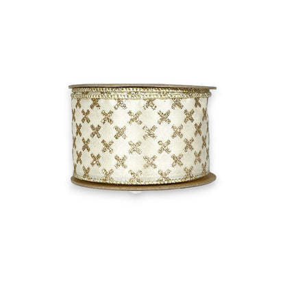 2 1/2&quot; Wired Ribbon | Gold Cross on White | 10 Yard Roll