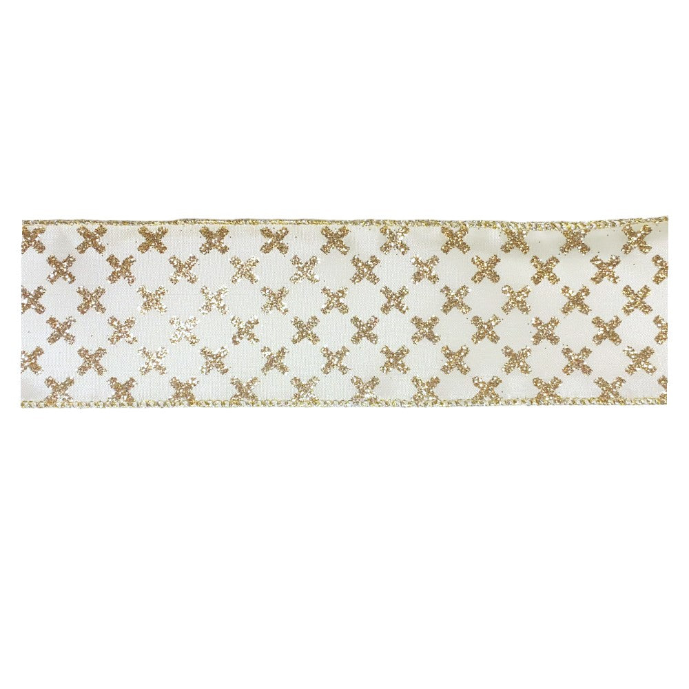 2 1/2&quot; Wired Ribbon | Gold Cross on White | 10 Yard Roll