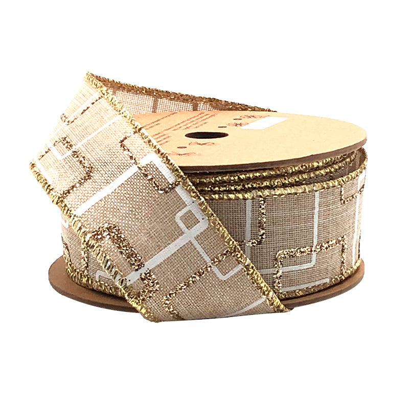 1 1/2&quot; Wired Ribbon | &quot;Glitter Geometric&quot; Natural/Gold/White | 10 Yard Roll