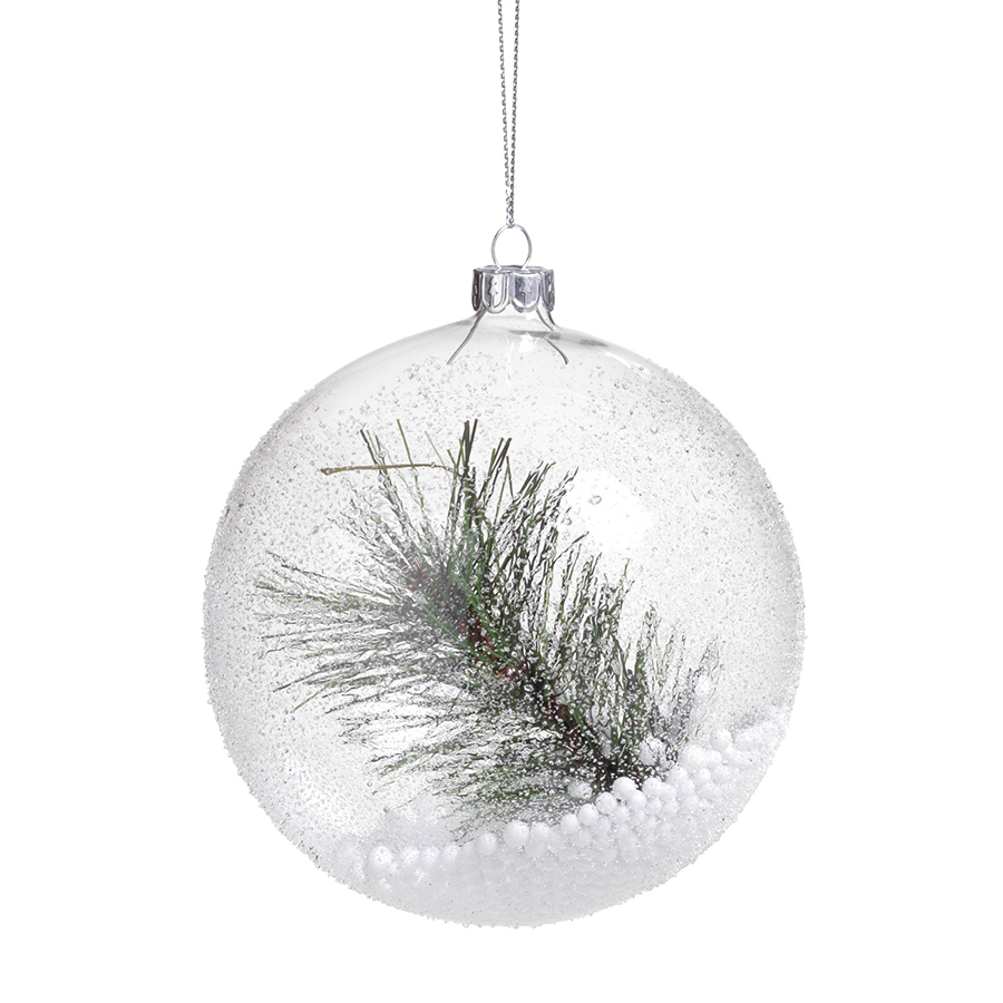 Clear Beaded Round Ornament with Pine Needle - Large