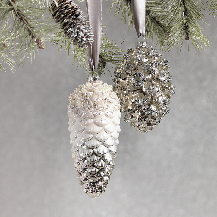 White and Silver Pinecone Ornament