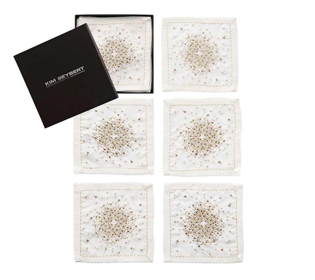 Starburst Cocktail Napkins in White, Gold &amp; Silver, Set of 6 in a Gift Box