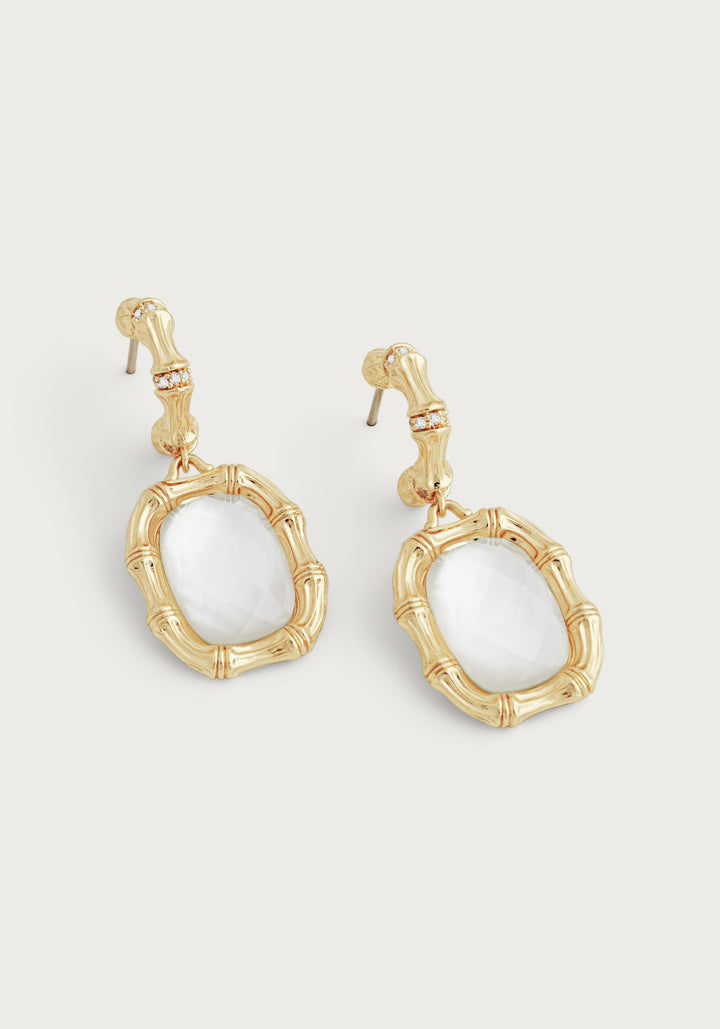 Bamboo With Stone Drop Earrings - Mother Of Pearl
