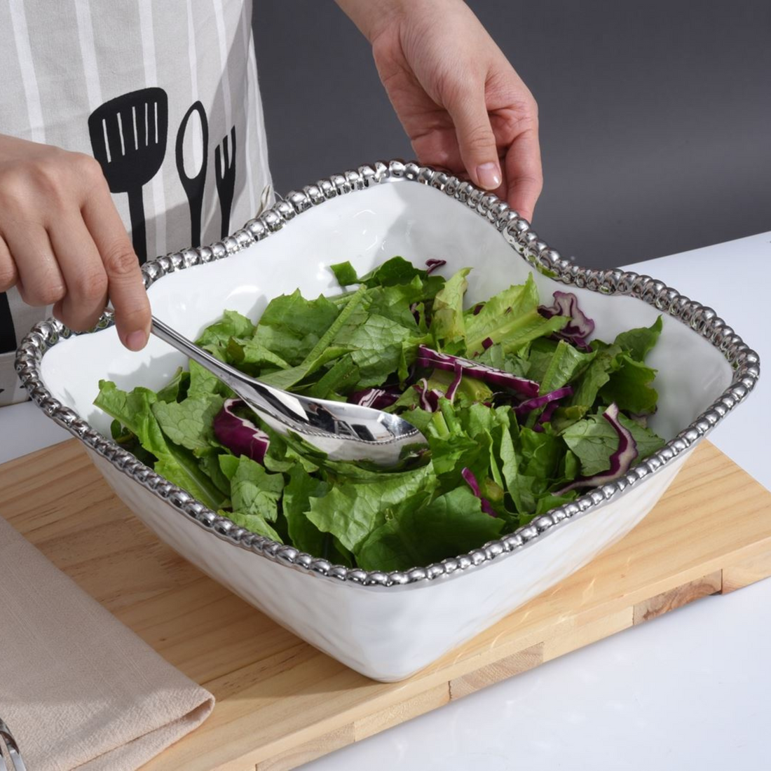 Large Square Salad Bowl Silver