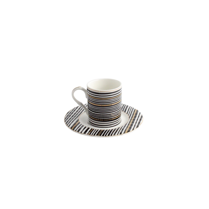 White W/ Black and Gold Lines Espresso Cup & Saucer Set