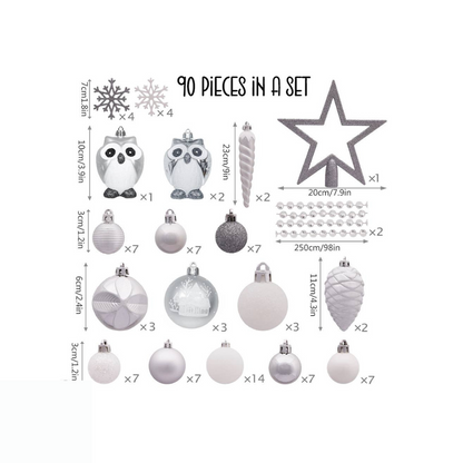 Winter Woodlands Large White and Silver  90 Pieces Christmas Ornament Set