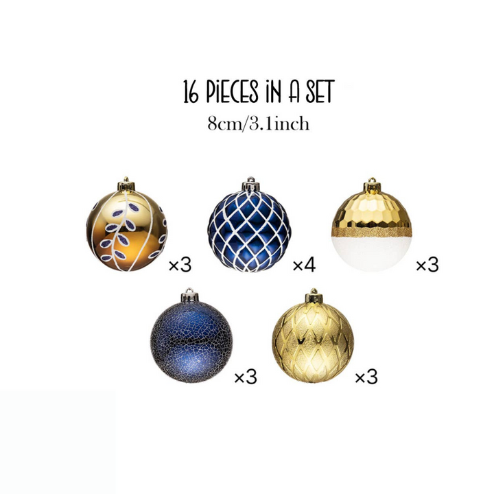 Festive Gold and Frosted Blue Assorted 16 Piece Christmas Ornament Set