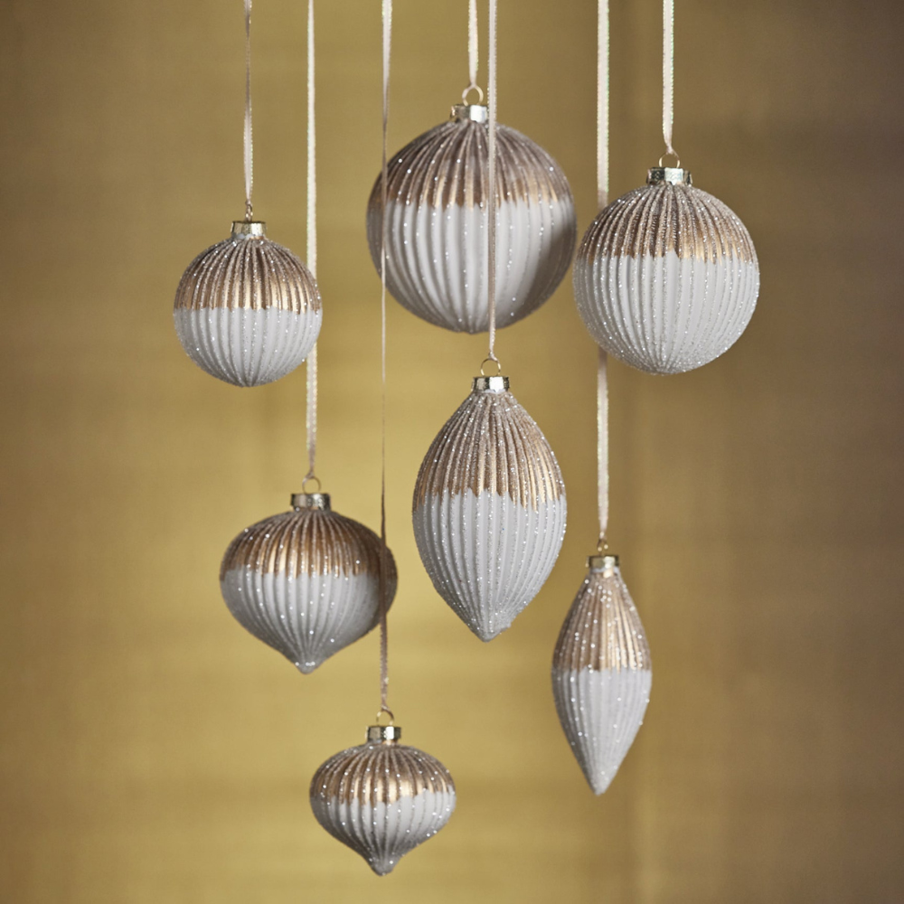 Ribbed Two-Toned Glass Ball Ornament - Matt White and Gold - 4.75 in