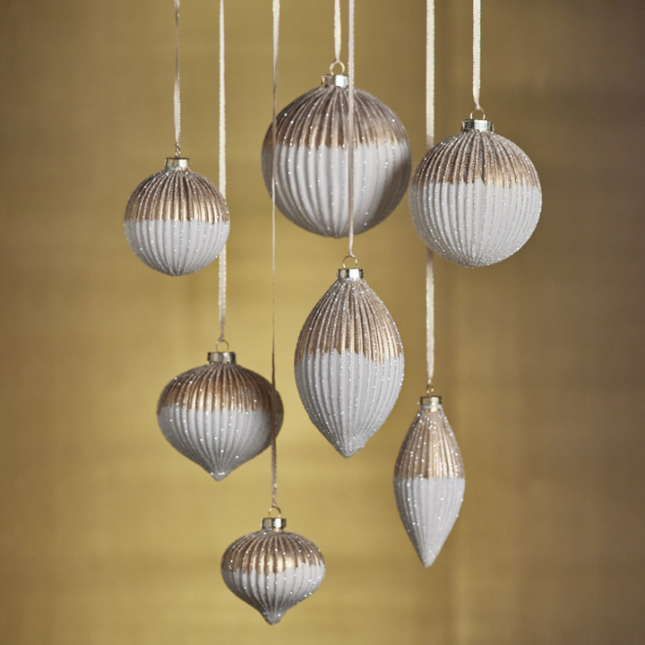 Ribbed Two-Toned Glass Ball Ornament - Matt White and Gold - 4.75 in