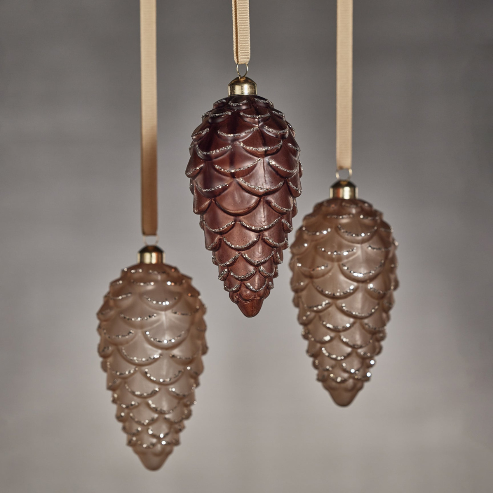 Frosted Glass Pine Cone with Glitter Trim Ornament - Gold