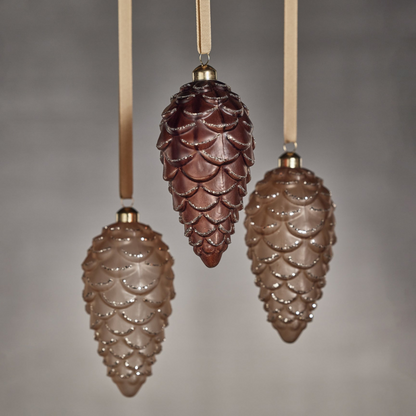 Frosted Glass Pine Cone with Glitter Trim Ornament - Gold