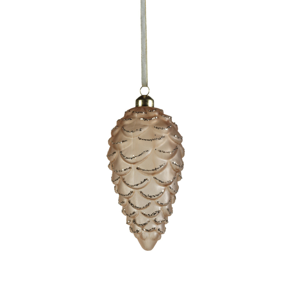 Frosted Glass Pine Cone with Glitter Trim Ornament - Gold