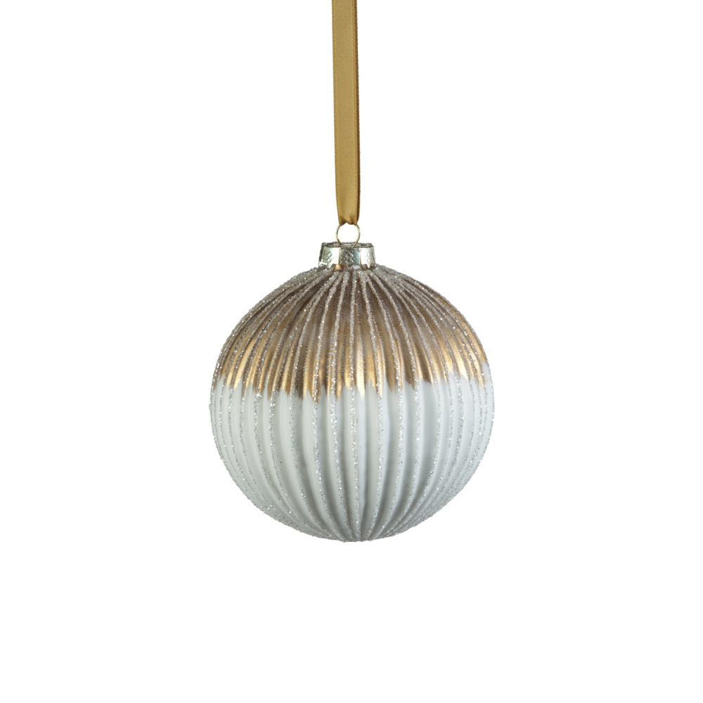 Ribbed Two-Toned Glass Ball Ornament - Matt White and Gold - 4.75 in