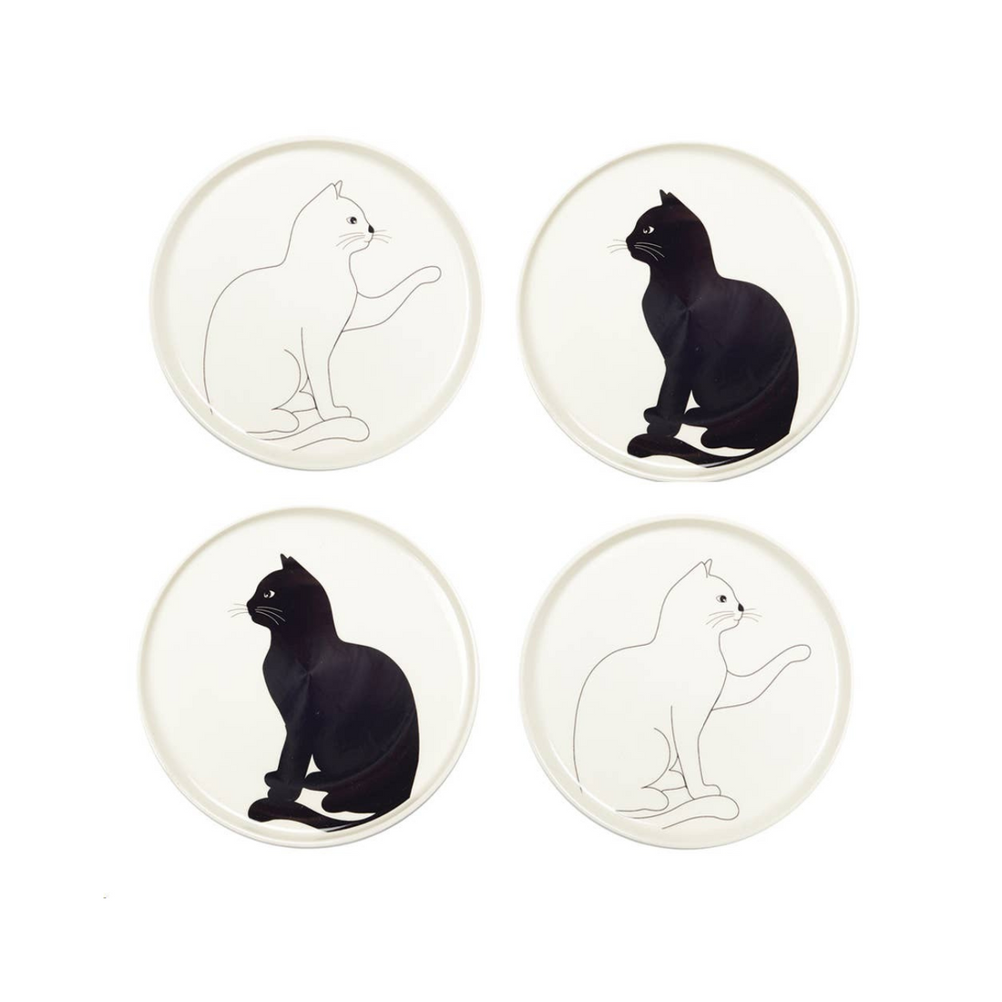 Black and White Cat Dessert Plates - Set of 4