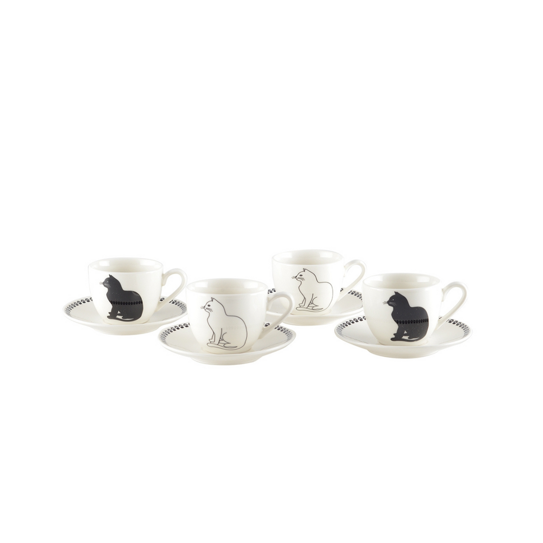 Black and White Cat Coffee Cups with Saucers - Set of 4