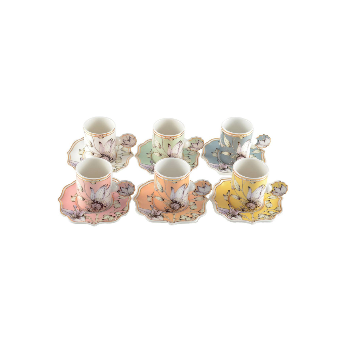 Set of 6 Floral Coffee Cups and Saucers