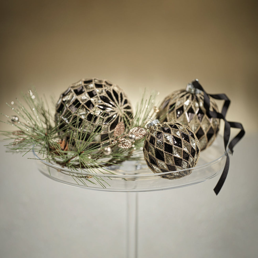 Harlequin Glass Ornament - Silver and Black - Large