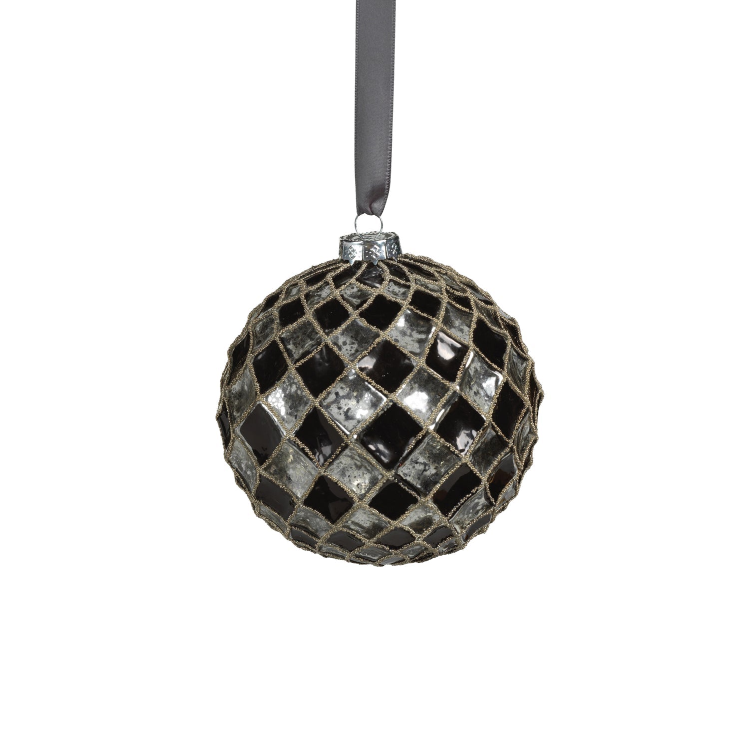 Harlequin Glass Ornament - Silver and Black - Large