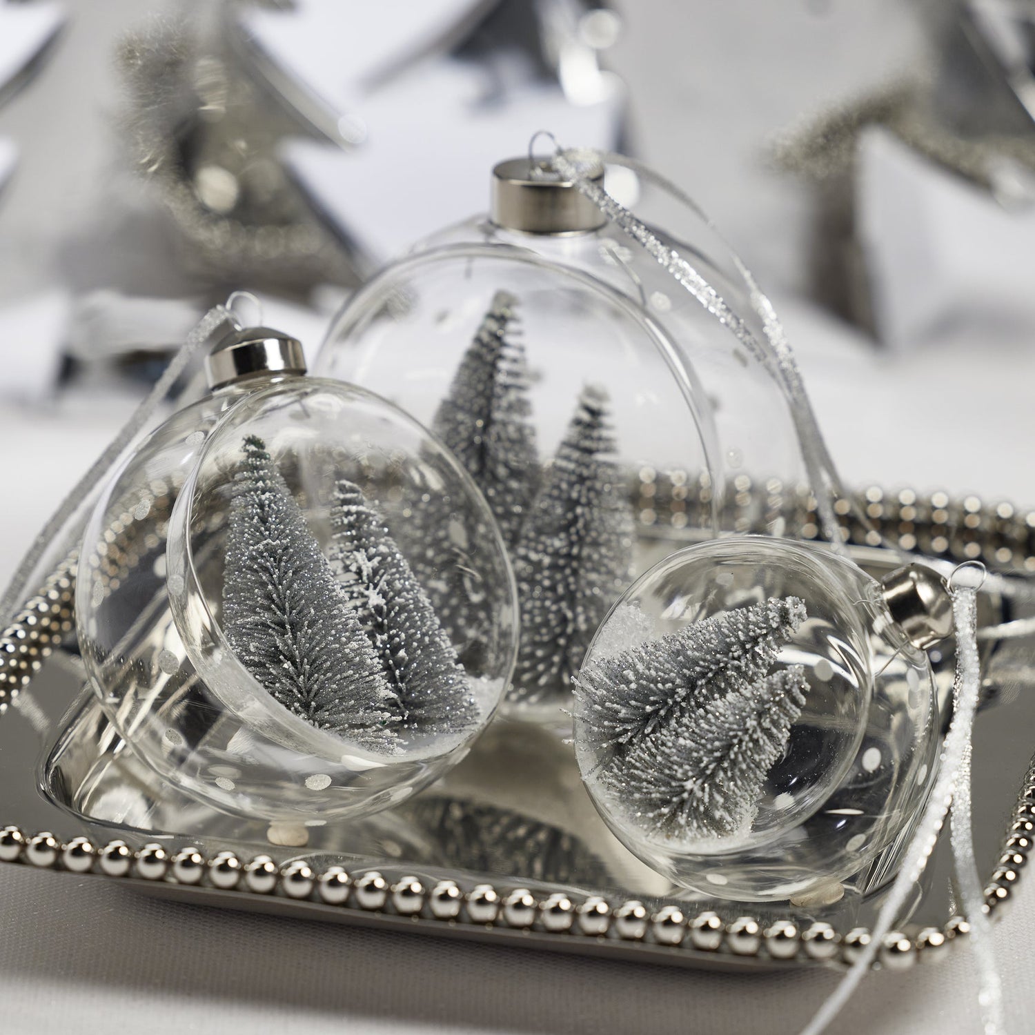 Clear Glass Ornament with Pine Trees - Silver - Medium