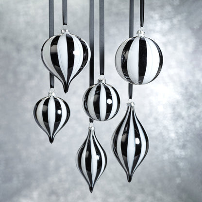 Twilight Stripe Glass Ornament - Black and White - Narrow Tear Drop