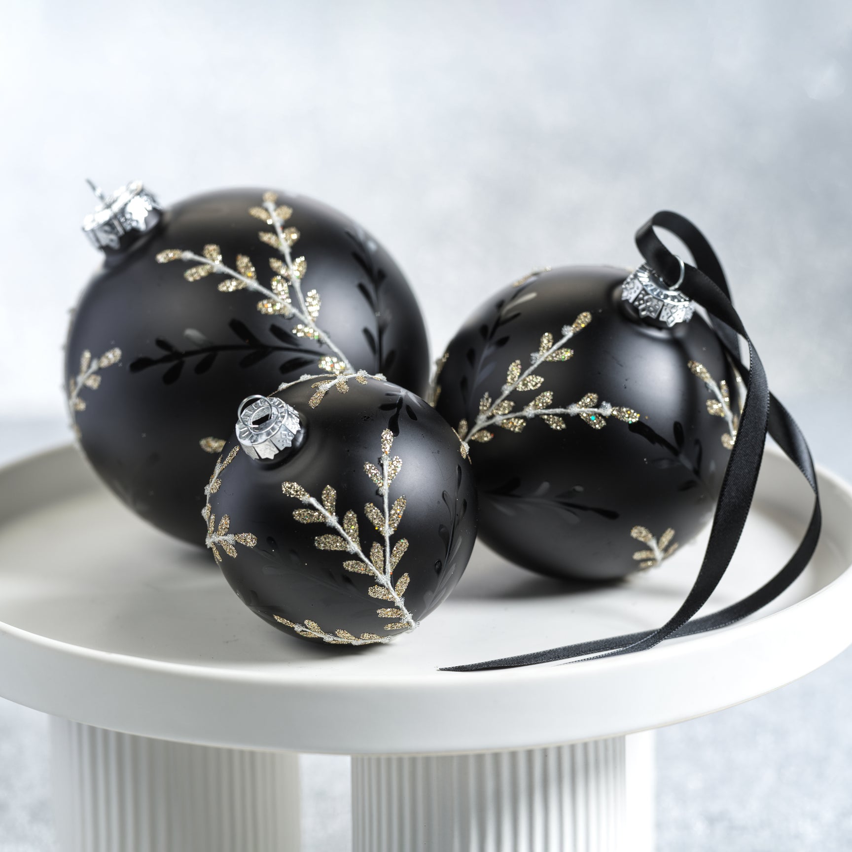 Black Glass Ball Ornament with Leaf Pattern - Black and Silver - Medium