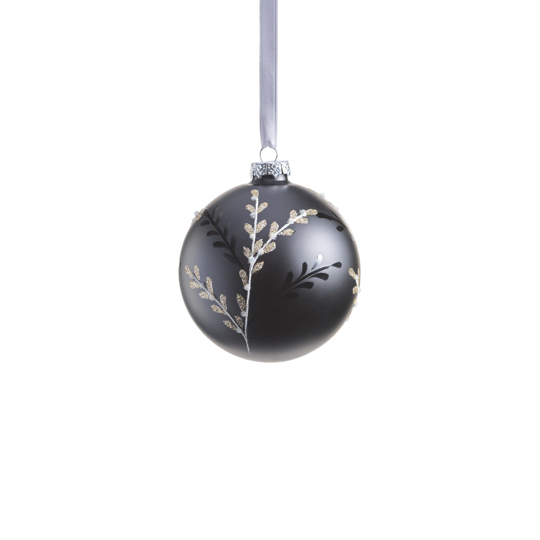 Black Glass Ball Ornament with Leaf Pattern - Black and Silver - Medium