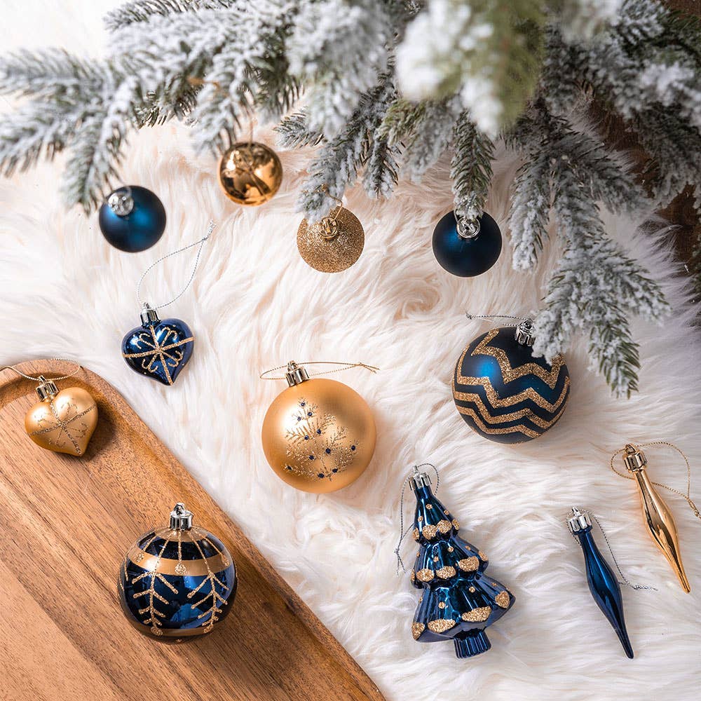 Glam and Glittered Gold and Blue Elegant 70 Piece Christmas Ornament Set