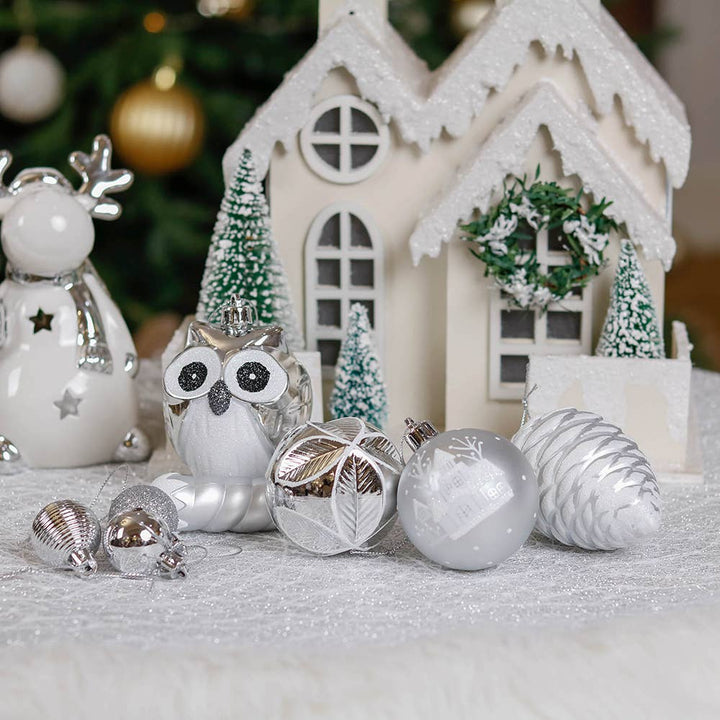 Winter Woodlands Large White and Silver  90 Pieces Christmas Ornament Set