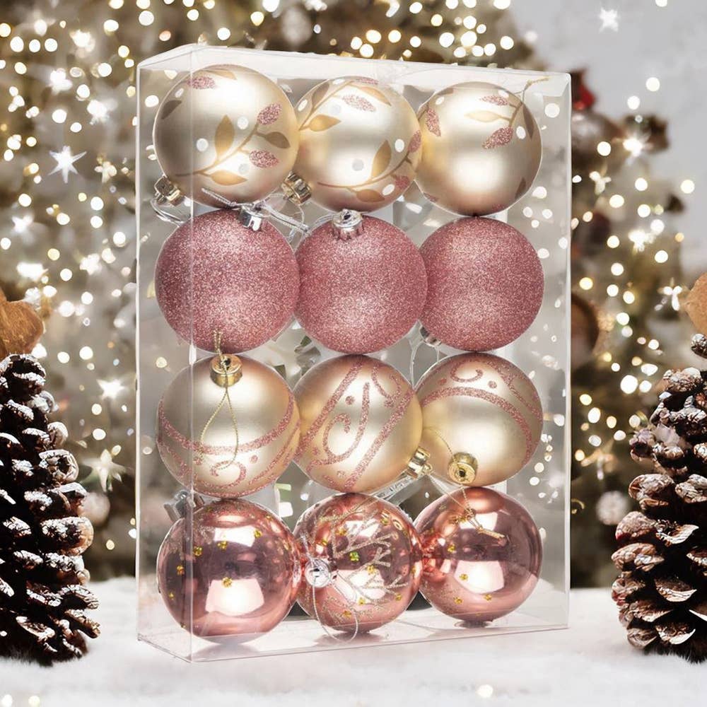 Glamorous and Cute Shiny Pink and Rose Gold Christmas Ornament Set of 12