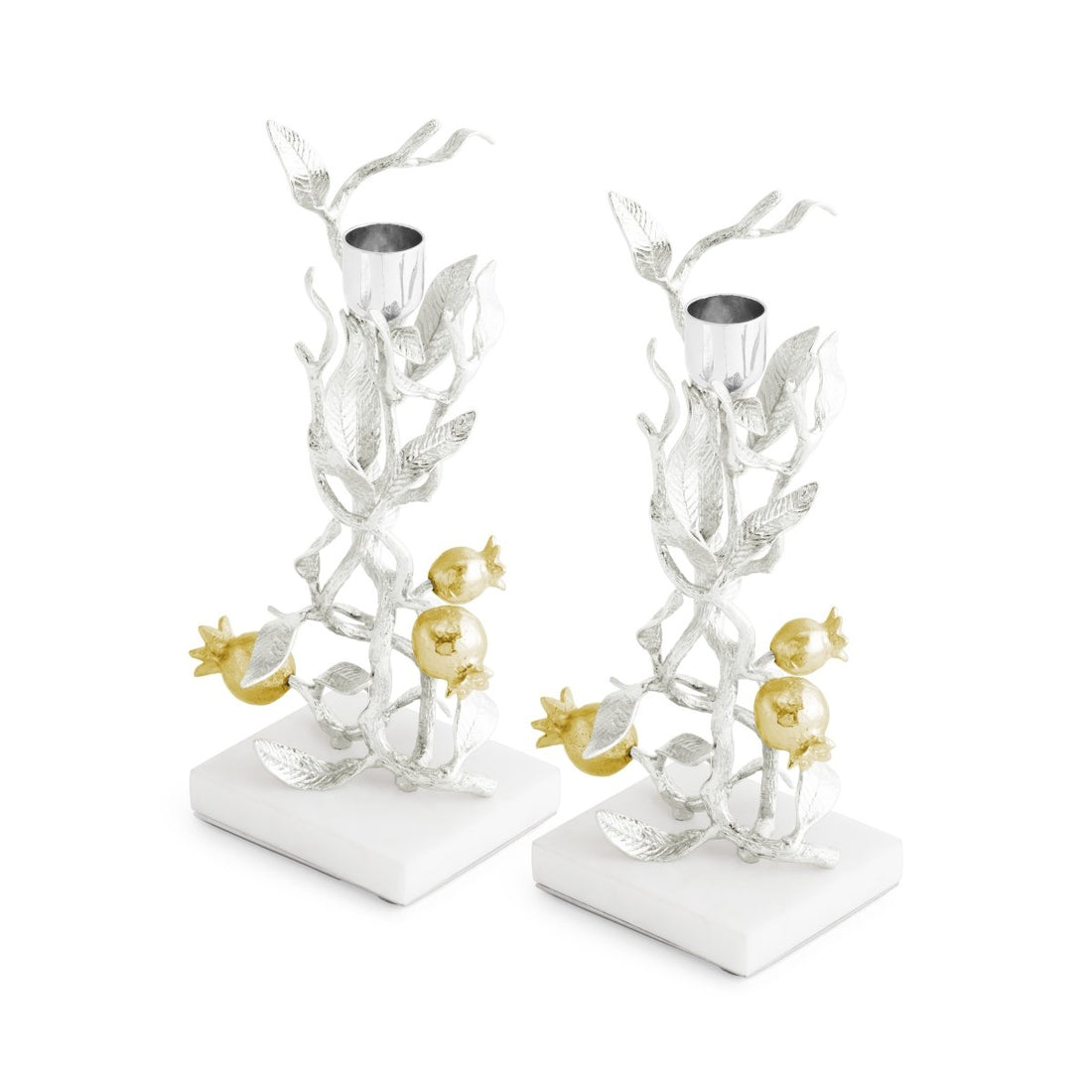 Pomegranate Silver &amp; Gold Candleholders S/2